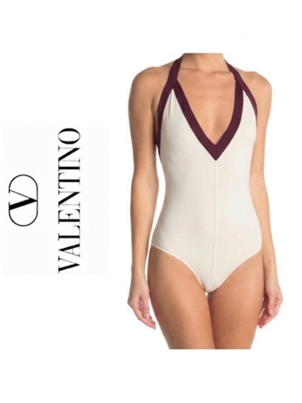Valentino Ivory and Burgundy One-Piece Swimsuit